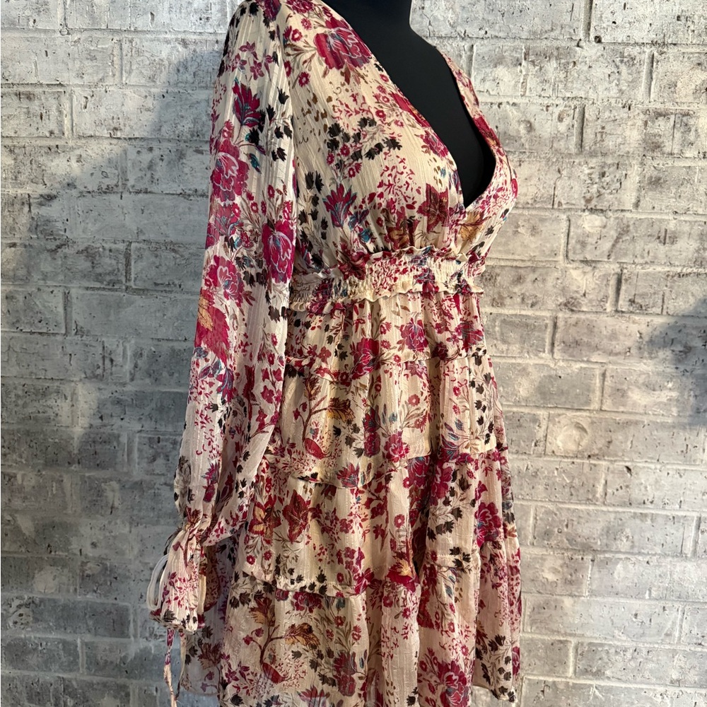 Free People Floral Tiered V-Neck Long Sleeve Dress in Cream and Pink - Picture 3 of 9